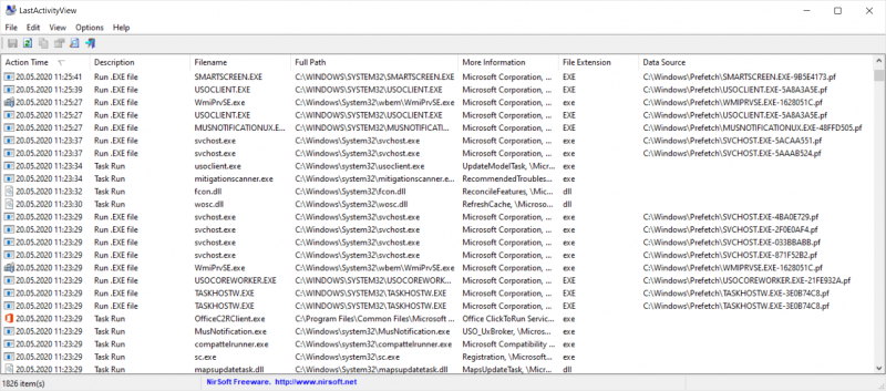  LastActivityView считывает данные журнала Windows и позволяет просматривать историю запусков всех программ 