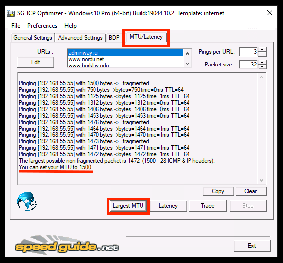 Узнаем MTU с помощью TCP Optimizer
