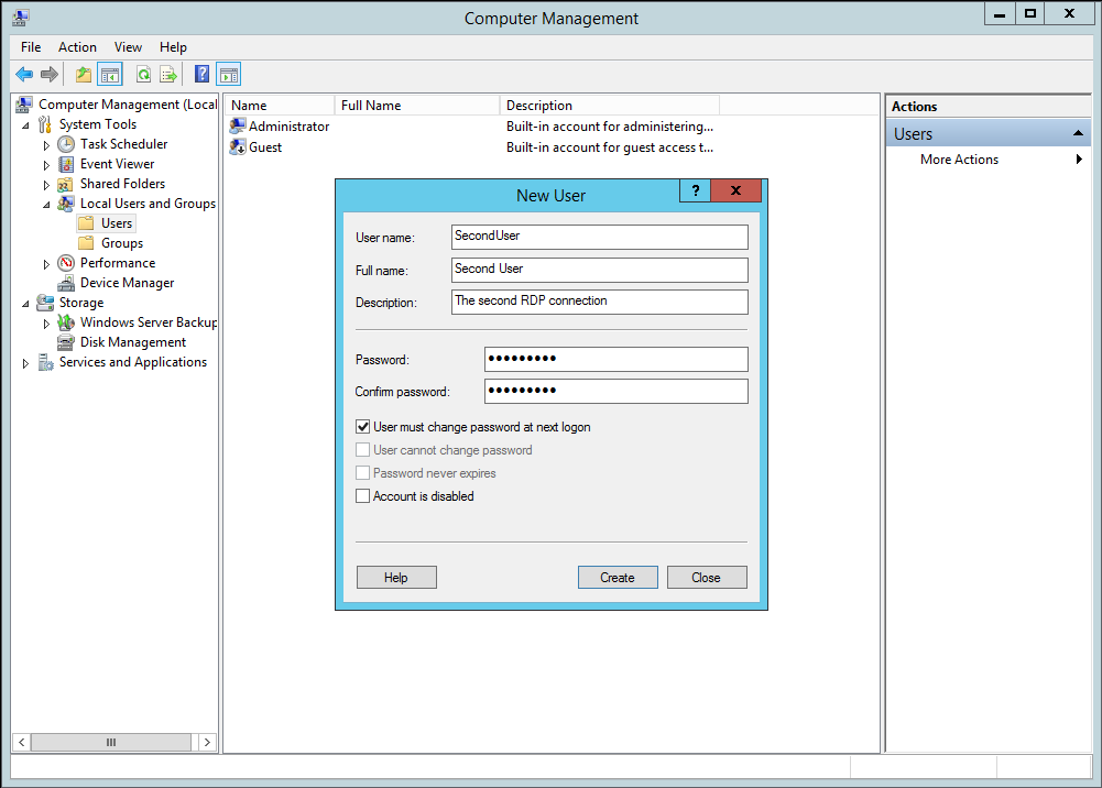 Windows Server 2012 R2 New User Form