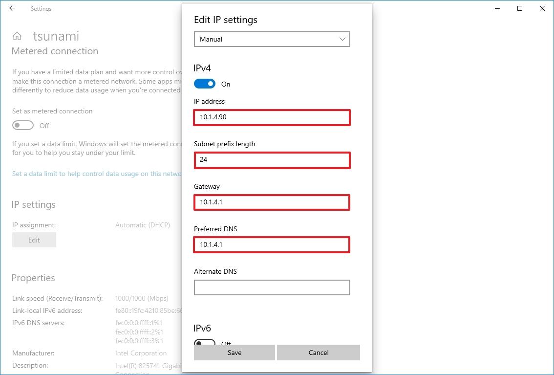 Статический IP-адрес Windows 10
