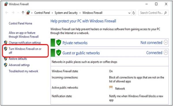 Брандмауэр Windows включен или выключен