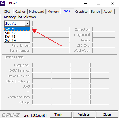 вкладка SPD в CPU-Z