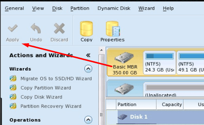 Применение изменений в Minitool Partition Wizard Bootable
