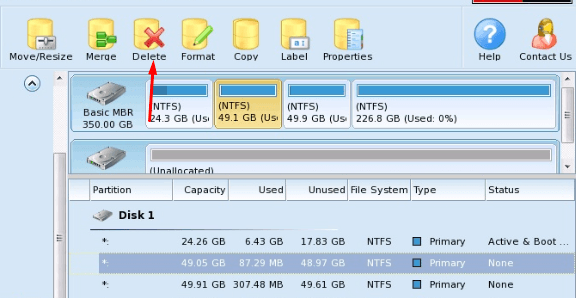 Удаление разделов в Minitool Partition Wizard Bootable