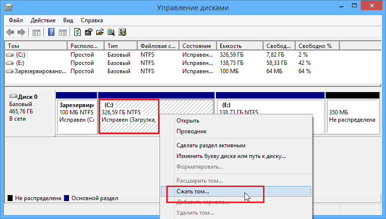 Команда на сжатие тома