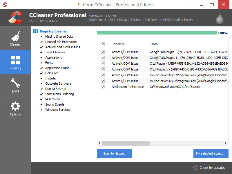 Очистка реестра в CCleaner