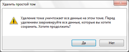 Сообщение-запрос Windows на удаление тома