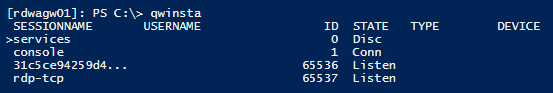 The qwinsta command lists the processes listening on the computer