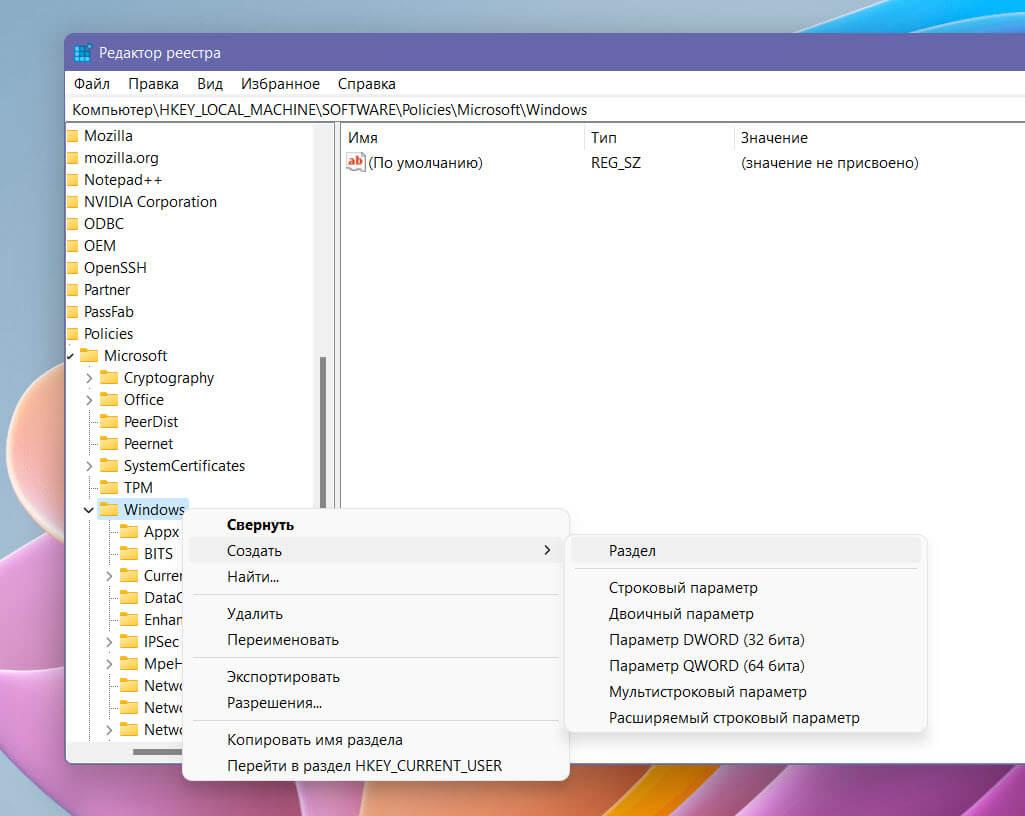 Кликните правой кнопкой мыши папку «Windows», выберите в контекстном меню «Создать» →  «Раздел».