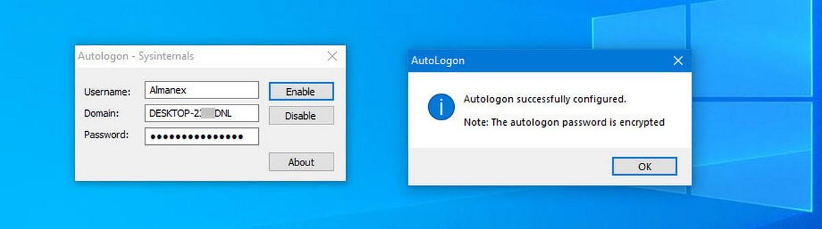  сообщение подтверждающее, что Autologon успешно сконфигурирован.