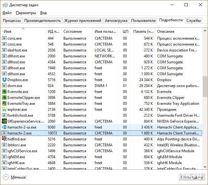 Остановка приложений Hamachi.exe