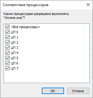 В Диспетчере задач Windows видно, что по умолчанию программам назначены все ядра