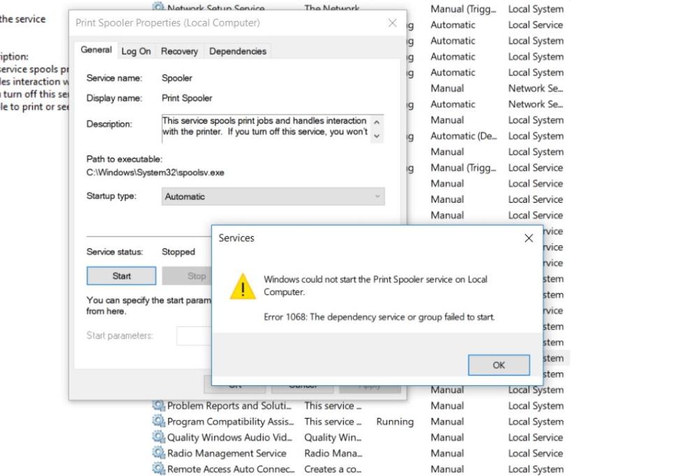 print spooler error 1068 windows 10