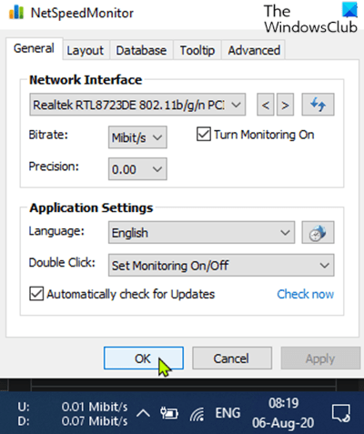 Display your Internet speed on the Taskbar