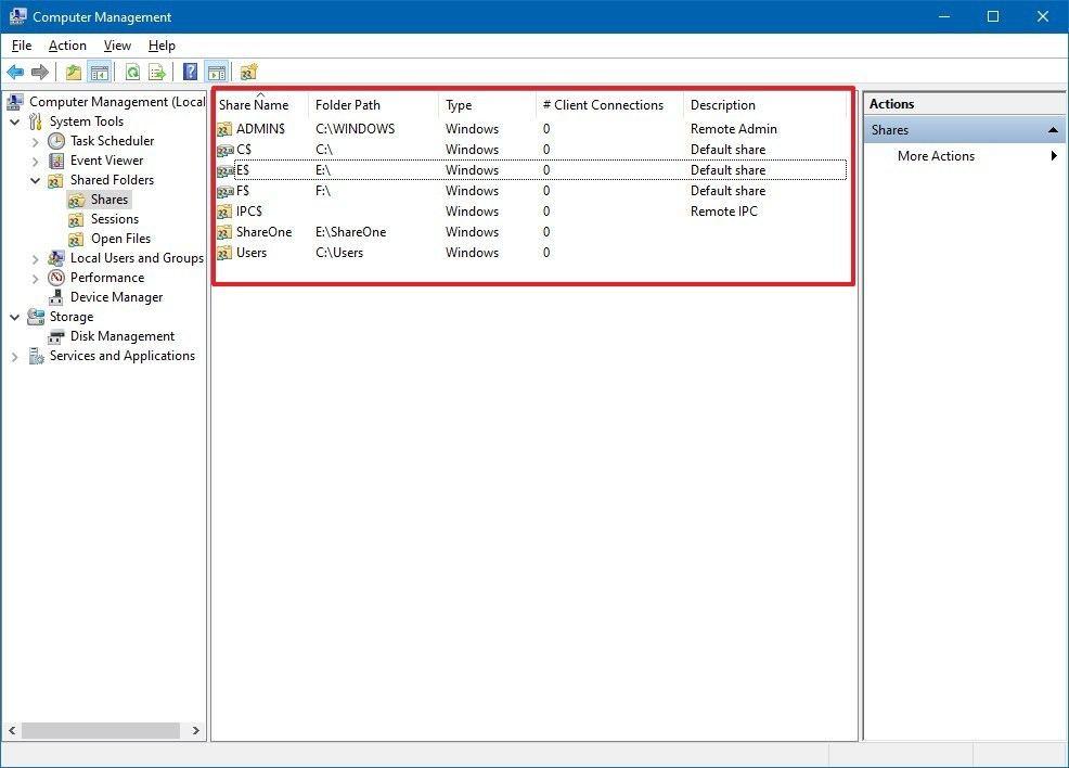 all shared folders computer management