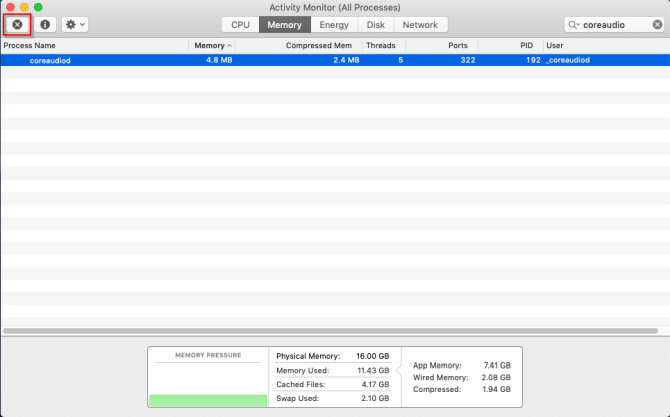 quit coreaudiod process in activity monitor