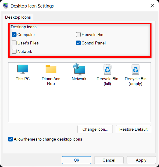 Снимите флажки, чтобы удалить стандартные ярлыки Windows