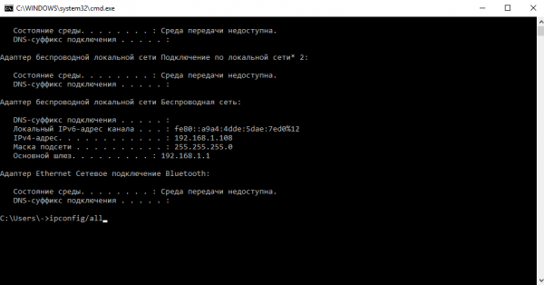 Команда ipconfig/all