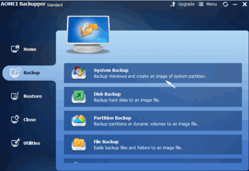 Пункт System Backup во вкладке Backup программы Aomei Backupper Standard