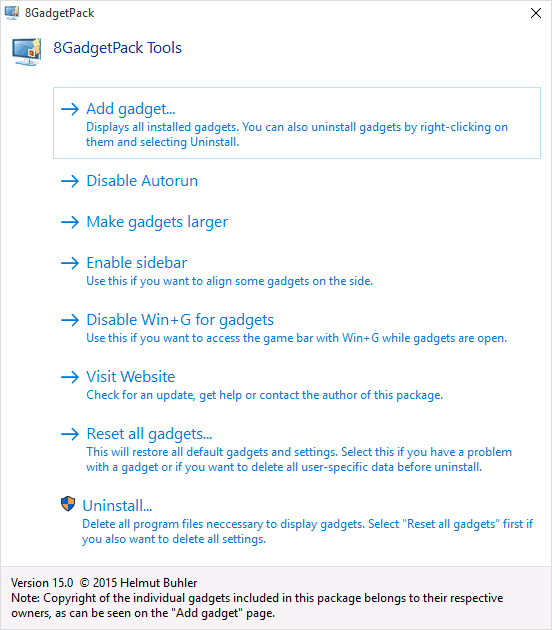 Меню активации гаджета 8GadgetPack