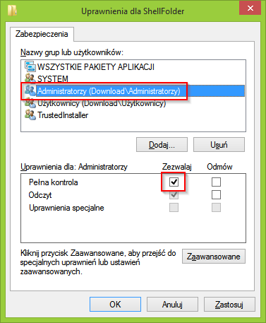 Разрешения для ключа ShellFolder