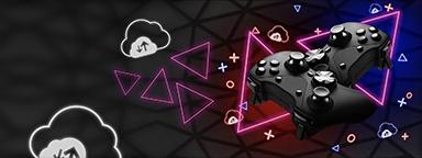 2 контроллера Xbox на темном фоне и значки облачного игрового сервиса