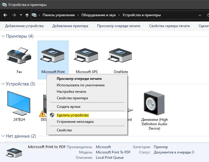 udalit printer v paneli upravleniya