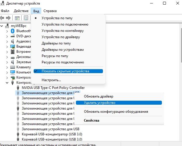 удалить скрытые устройства USB
