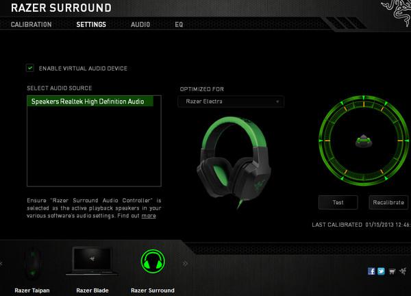 Razer Surround - главное окно программы.