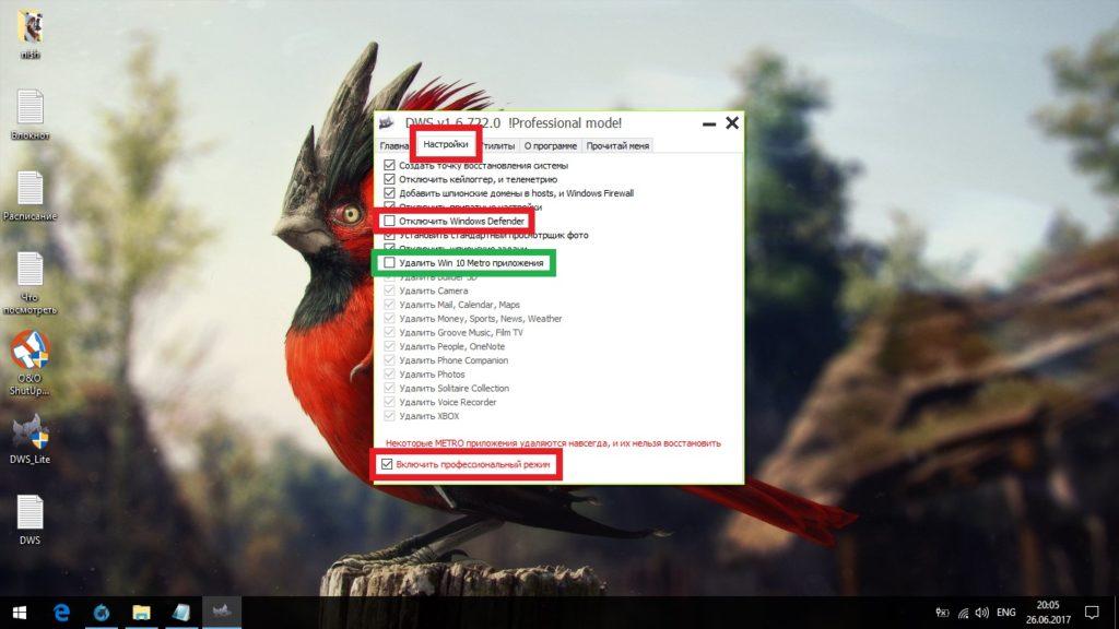 Настройка Destroy Windows Spying