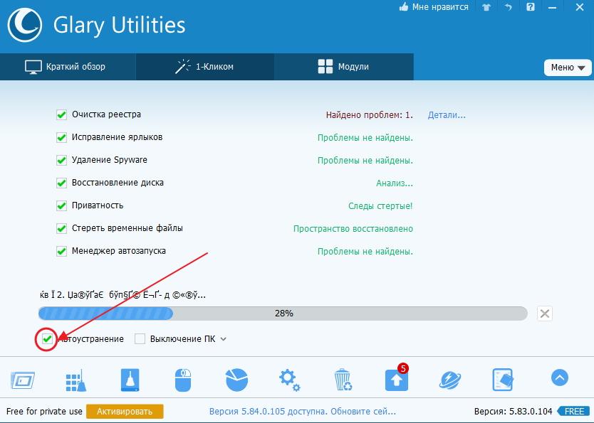 Галочка напротив пункта «Автоустранение» в программе Glary Utilities