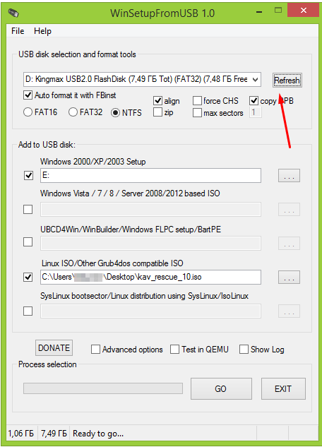 Поиск флешки в WinSetupFromUSB