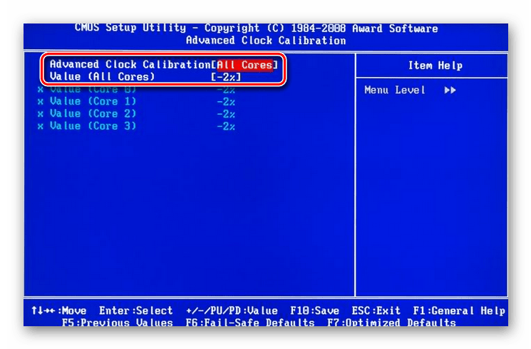 Nastroyka znacheniya Advanced Clock Calibration v BIOS