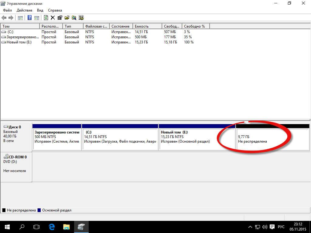 не размеченное пространство Windows 10