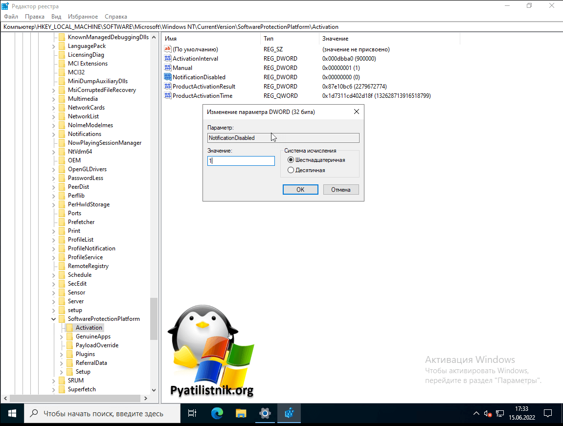Ключ реестра NotificationDisabled