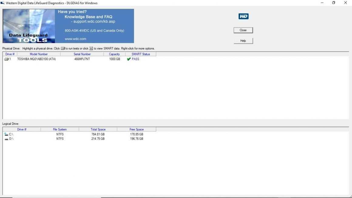 Интерфейс программы Western Digital Data LifeGuard Diagnostics Tool
