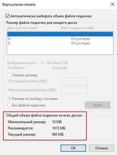 Данные файла подкачки Windows