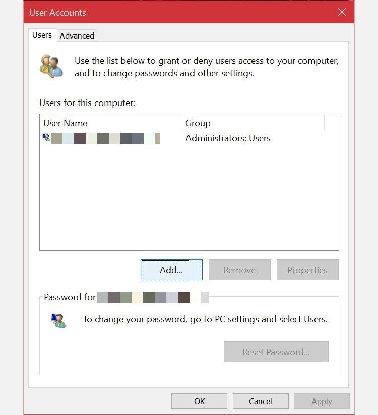 Netplwiz User Accounts panel
