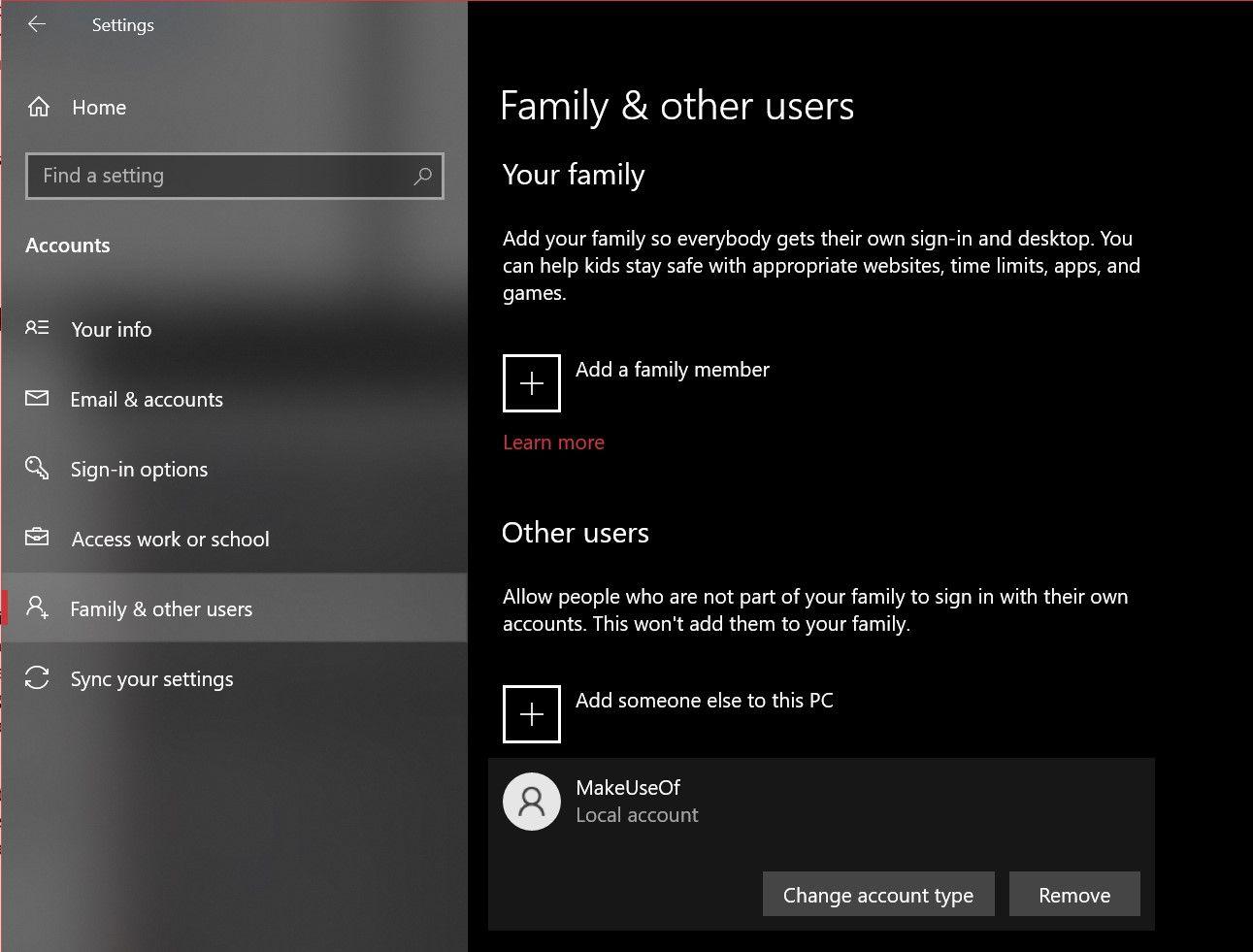 Changing account type in Windows 10