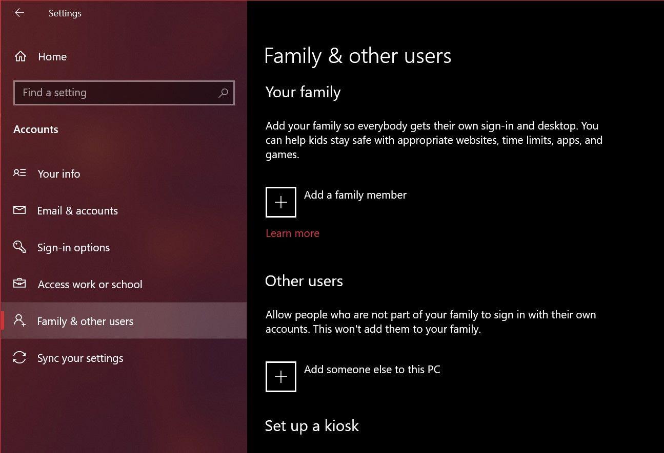 Windows 10 Account Settings