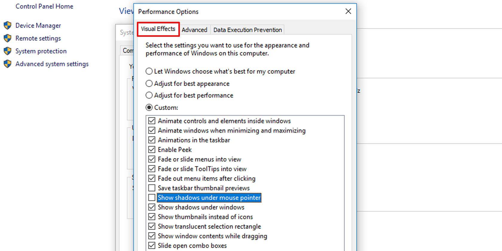 Turn on or off mouse pointer shadow