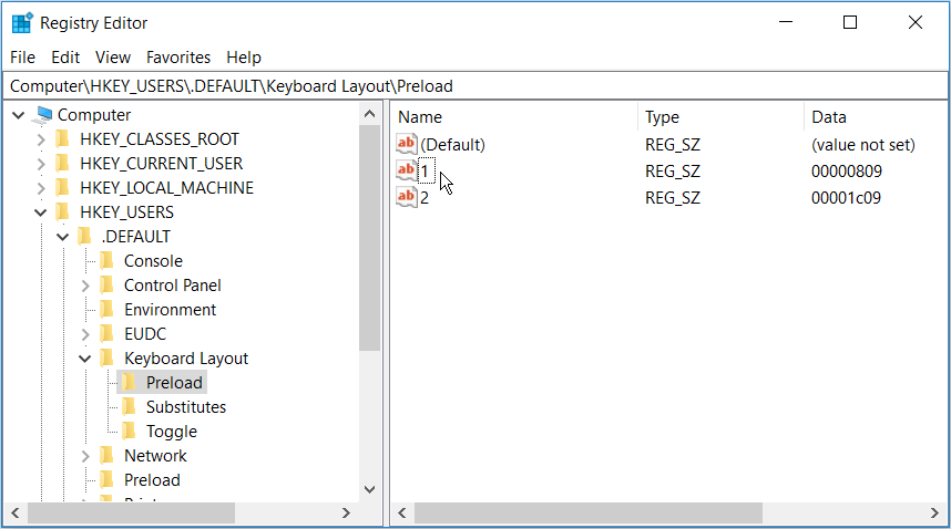 Clicking a string in the Registry Editor