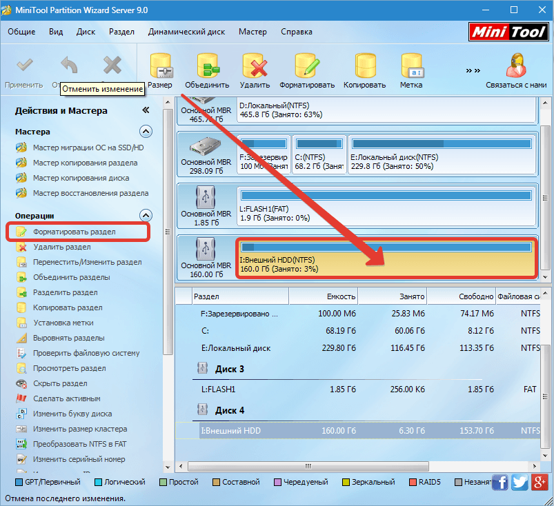 Форматирование диска в MiniTool Partition Wizard