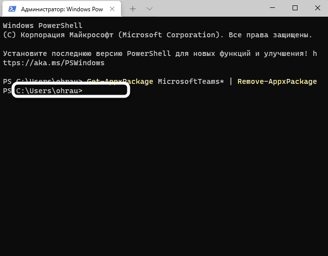 Подтверждение команды в Терминале для удаления Microsoft Teams в Windows 11