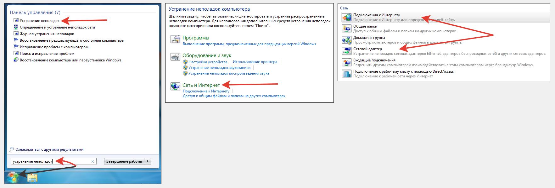Переход через поиск меню Пуск к средствам устранения неполадок Windows 7. Отмечены кнопки Подключение к Интернету и Сетевой адаптер.