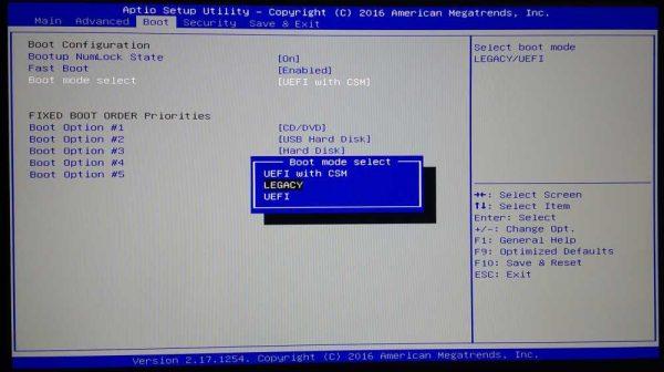 Системный интерфейс UEFI во вкладке Boot