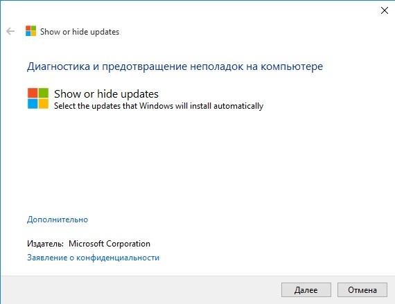 Стартовое окно утилиты Show or Hide Update