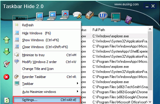 Пункт Settings