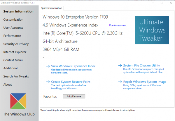 Окно Ultimate Windows Tweaker