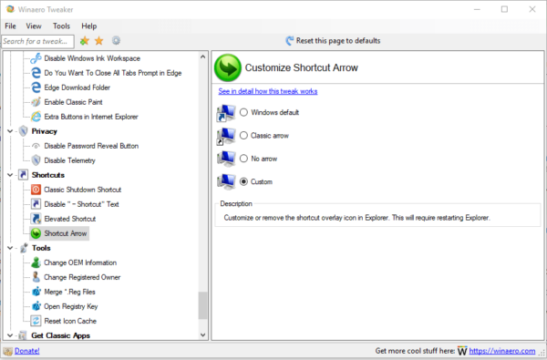 Параметр Shortcut Arrow